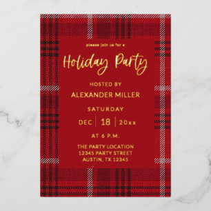 Red Plaid Flannel Holiday Party Foil Invitation