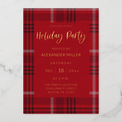 Red Plaid Flannel Holiday Party Foil Invitation