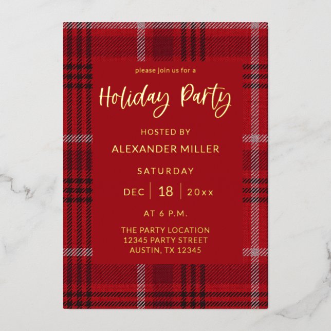 Red Plaid Flannel Holiday Party Foil Invitation (Front)