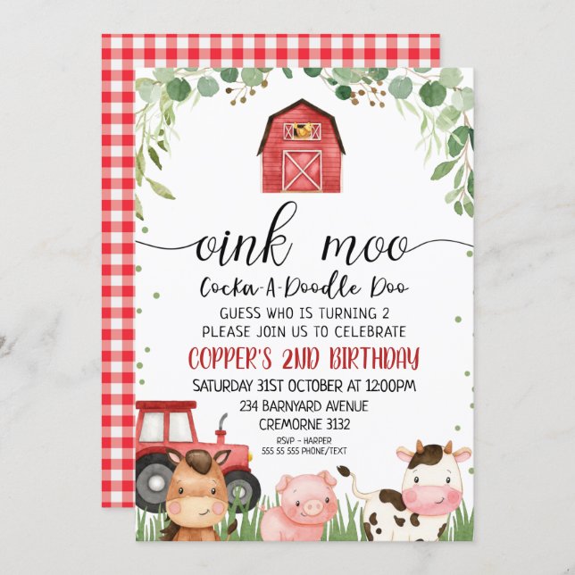 Red Plaid Foliage Farm Animal Birthday Invitation (Front/Back)