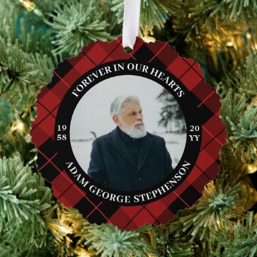 Red Plaid Forever In Our Hearts Photo Ornament Card