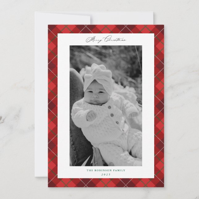 Red Plaid Frame Christmas Holiday Photo Card (Front)