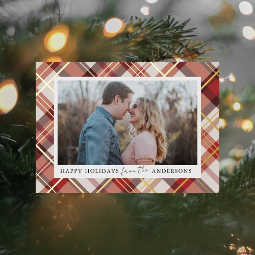 Red Plaid Frame Christmas Real Foil Photo Foil Holiday Card
