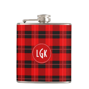 Red Plaid Geometric Pattern Monogram White Accents Flask