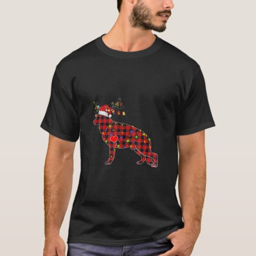 Red Plaid German Shepherd Reindeer Christmas Light T_Shirt