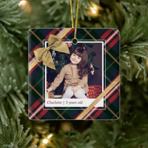 Red Plaid Gift Wrapped  Gold Bow Present Photo Ceramic Ornament