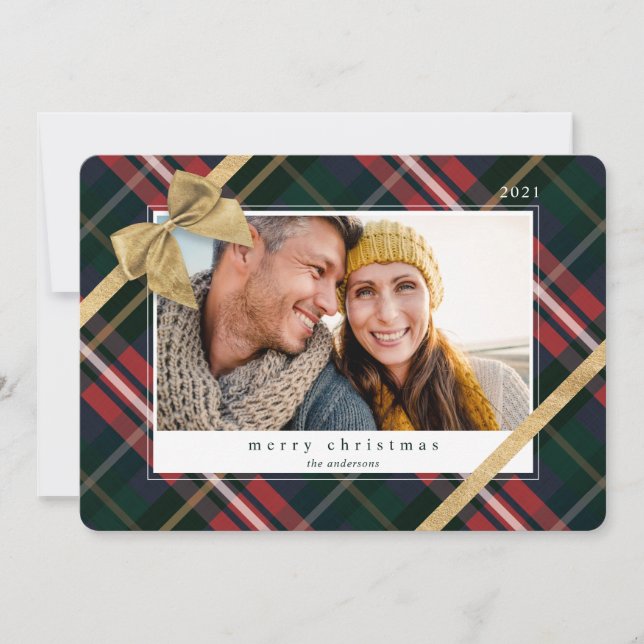 Red Plaid Gift Wrapped & Gold Bow Present Photo Holiday Card (Front)
