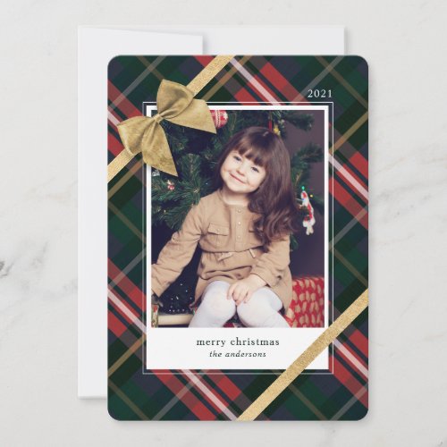 Red Plaid Gift Wrapped  Gold Bow Present Photo Holiday Card