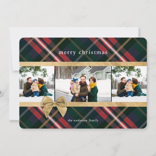 Red Plaid Gift Wrapped  Gold Bow Present Photo Holiday Card