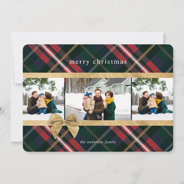Red Plaid Gift Wrapped & Gold Bow Present Photo Holiday Card (Front)