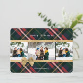 Red Plaid Gift Wrapped & Gold Bow Present Photo Holiday Card (Standing Front)