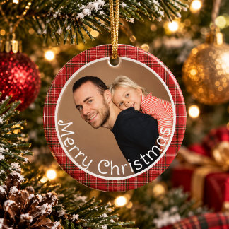 Red Plaid Gingham Family Photo Merry Christmas  Ceramic Ornament