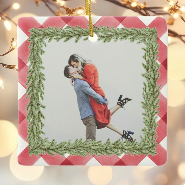 Red Plaid Gingham photo 1st Christmas Married Ceramic Ornament (Creator Uploaded)