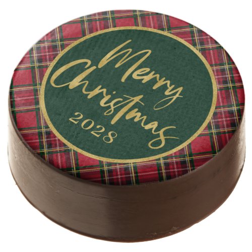 Red Plaid Gold Foil Script Merry Christmas Chocolate Covered Oreo