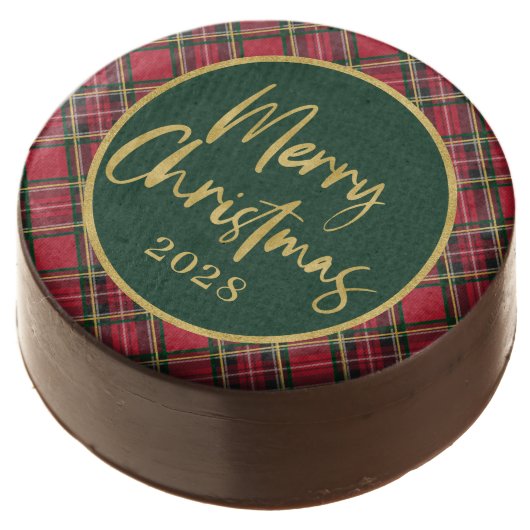 Red Plaid Gold Foil Script Merry Christmas Chocolate Covered Oreo (Angled)