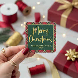 Red Plaid Gold Foil Script Merry Christmas Square Sticker
