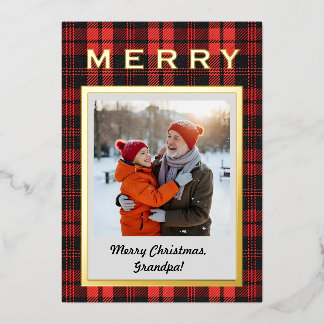 Red Plaid Gold Grandpa Photo Cozy But Elegant Foil Holiday Card