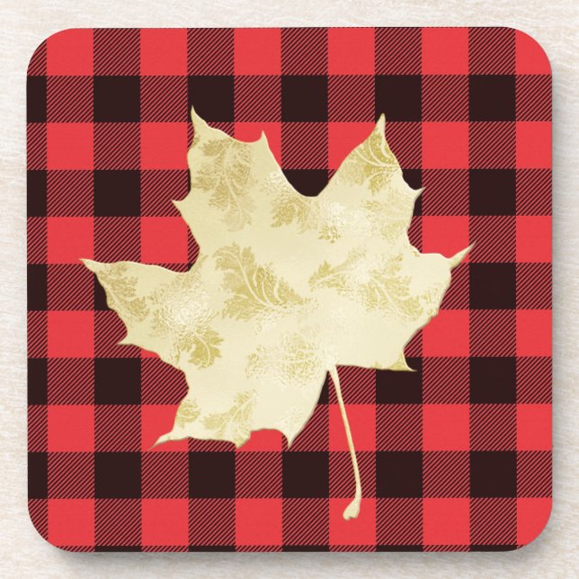 Red Plaid Gold Maple Leaf Beverage Coaster (Front)