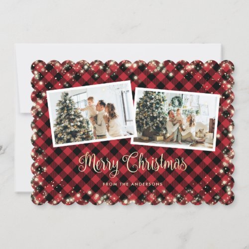 Red Plaid Gold Snow Merry Christmas Photo Holiday Card