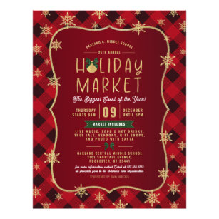 Red Plaid Gold Snowflake Holiday Market Flyer