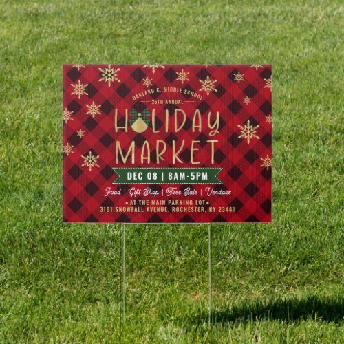 Red Plaid Gold Snowflake Holiday Market Outdoor Sign