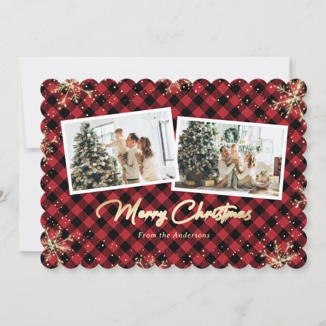 Red Plaid Gold Snowflake Photo Christmas Cards (Front)