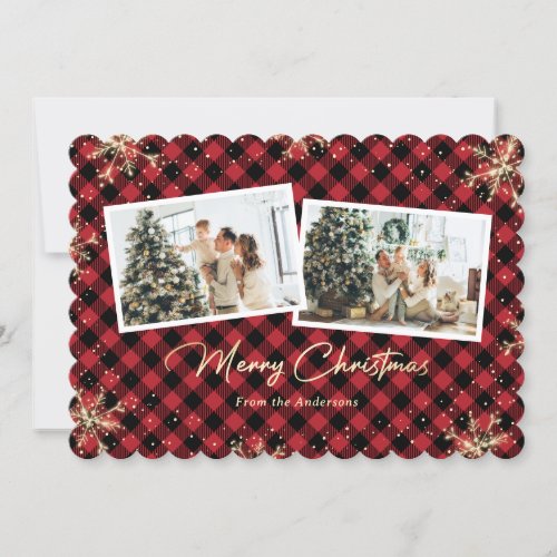 Red Plaid Gold Snowflake Photo Christmas Cards