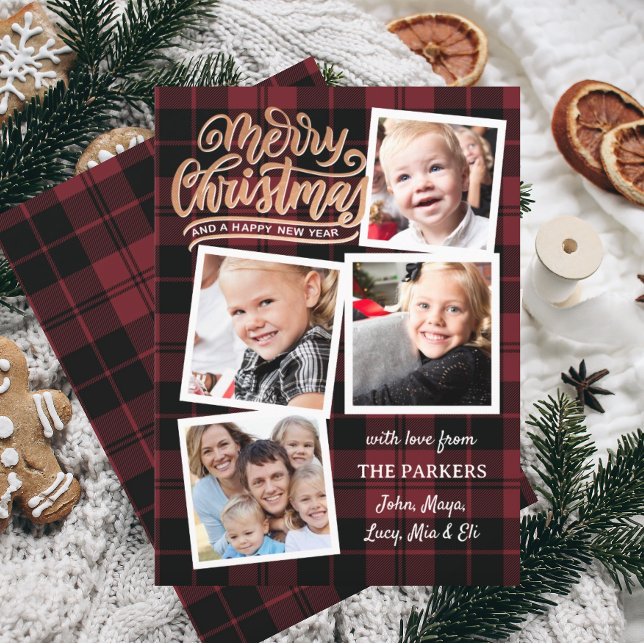 Red Plaid Golden Christmas Collage Invitation (christmas card, plaid christmas card, download christmas card, instant download christmas card)