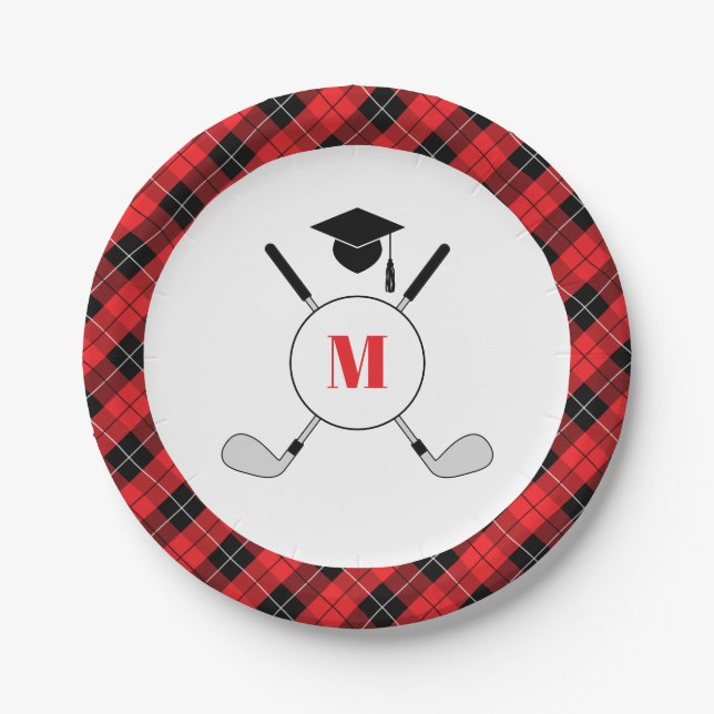 Red Plaid Golf Themed Graduation Party Paper Plates (Front)