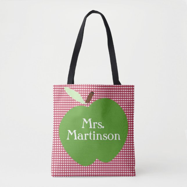 Red Plaid / Green Apple / Personalized Teacher Tote Bag (Front)