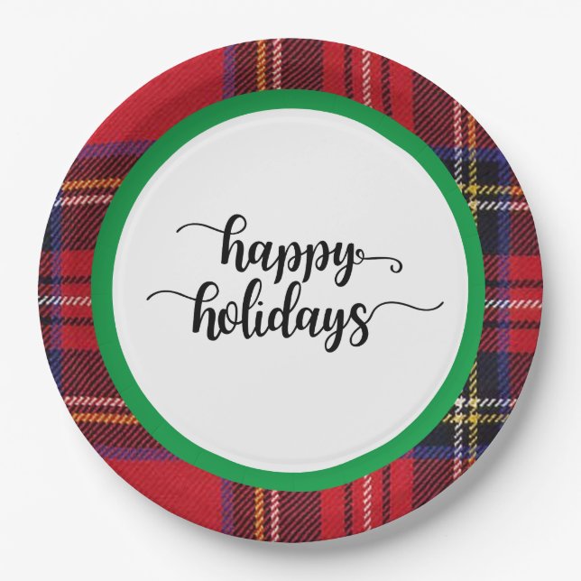 Red Plaid Green Christmas Holidays Party Supplies  Paper Plates (Front)