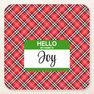 Red Plaid Green Hello My Name Is Tag Joy Holiday Square Paper Coaster