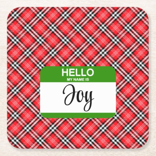 Red Plaid Green Hello My Name Is Tag Joy Holiday Square Paper Coaster