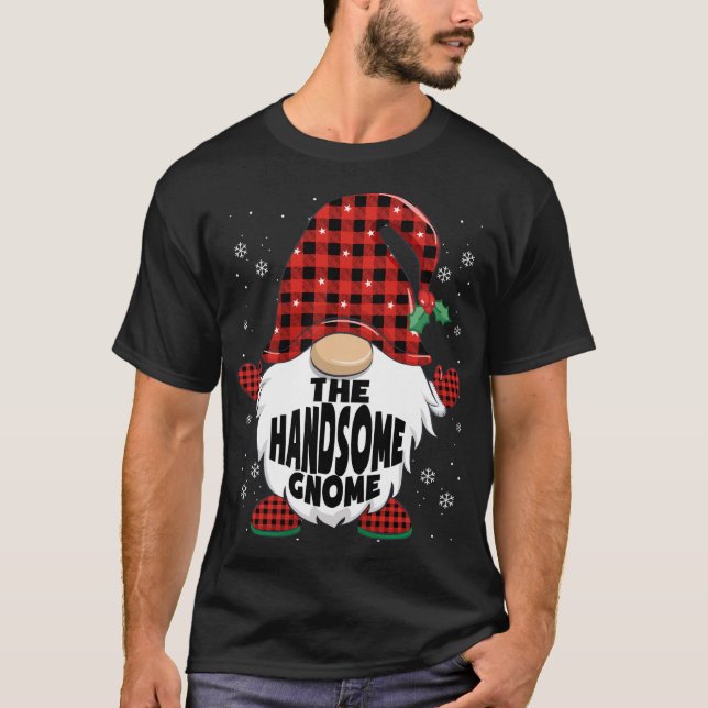 Red Plaid Handsome Gnome Christmas T-Shirt (Front)