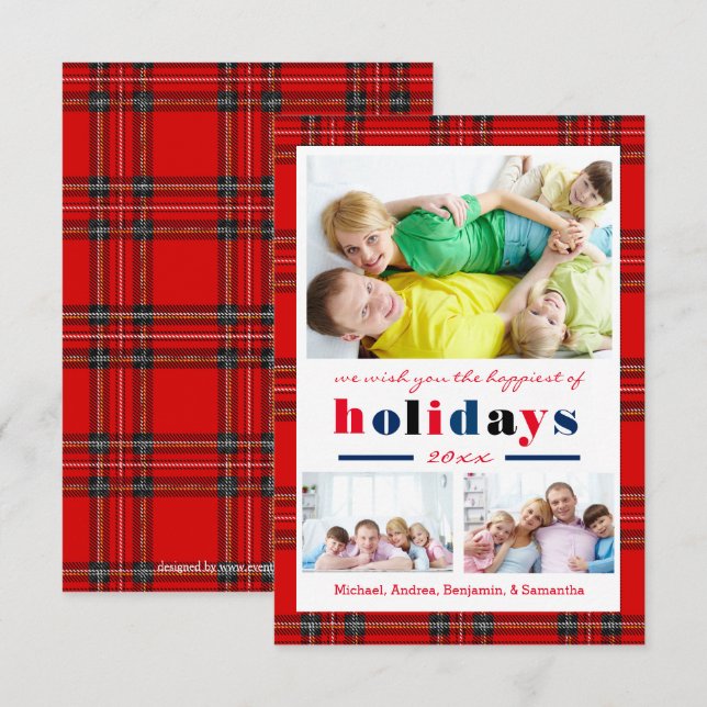 Red Plaid Happiest Holidays - 3x5 Christmas Card (Front/Back)
