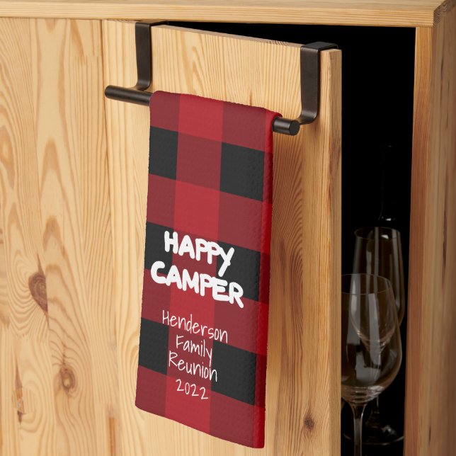 Red Plaid Happy Camper Family Reunion  Kitchen Towel (Thirds Fold)