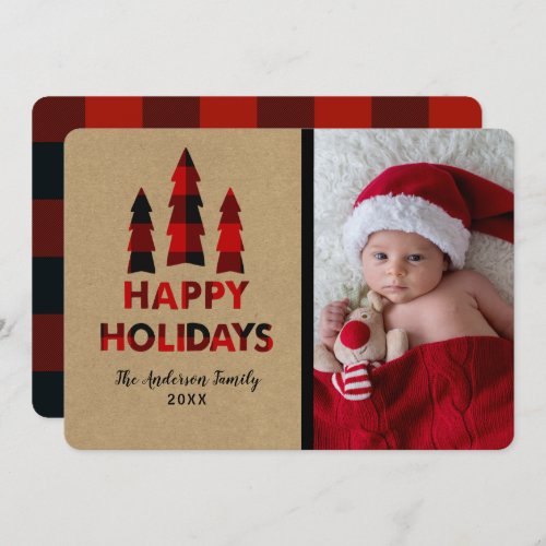 Red Plaid Happy Holidays Christmas Trees Kraft Invitation