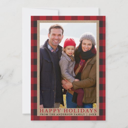 Red Plaid Happy Holidays Family Photo Kraft Holiday Card