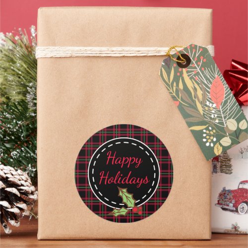 Red Plaid Happy Holidays Holly Stickers