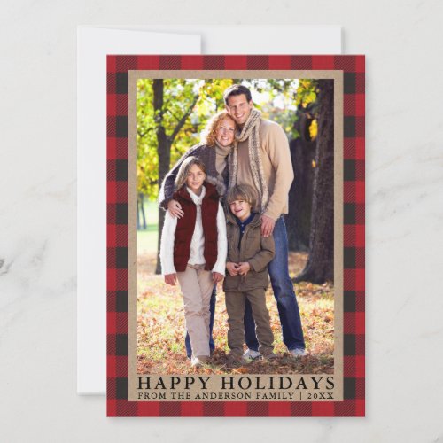 Red Plaid Happy Holidays Kraft Family Photo Holiday Card