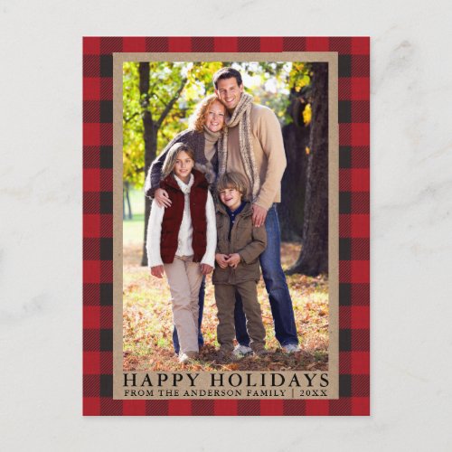 Red Plaid Happy Holidays Kraft Family Photo  Postcard