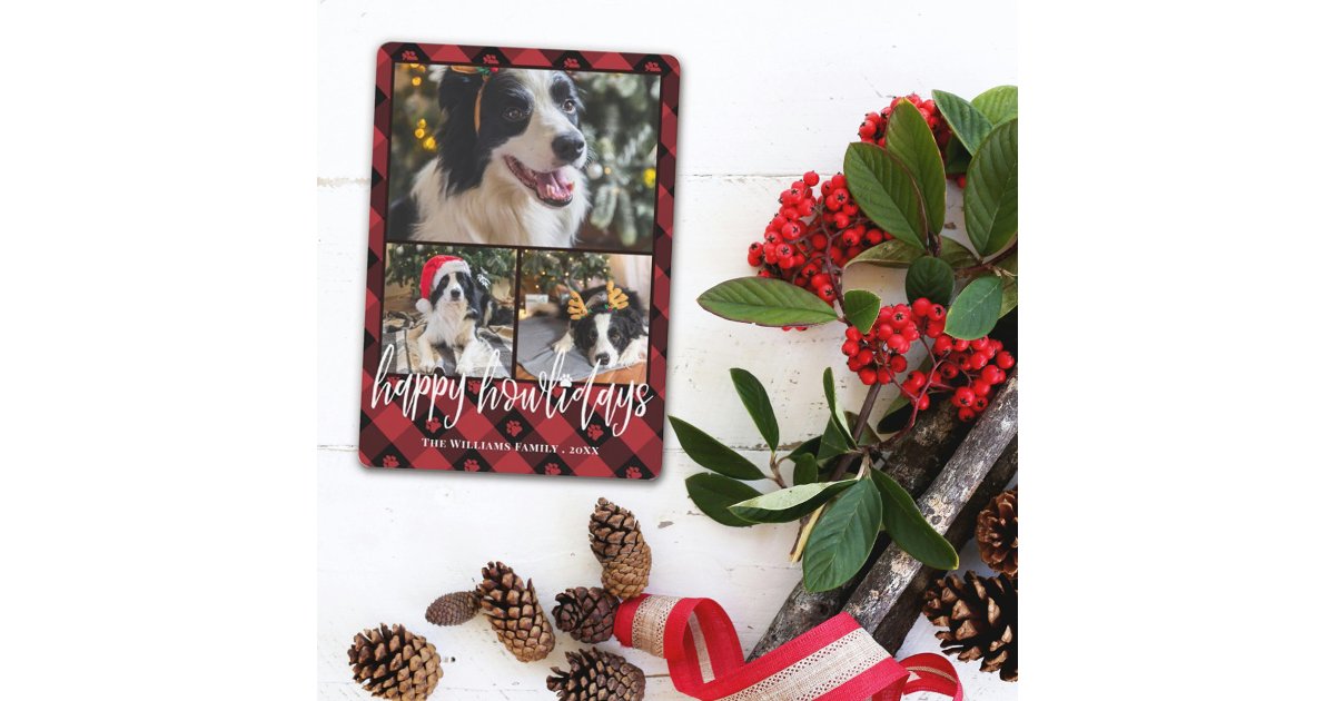 Red Plaid Happy Howlidays Dog Photo Collage Holiday Card | Zazzle