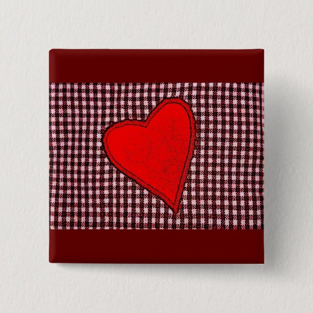 Red Plaid Heart Pinback Button (Front)