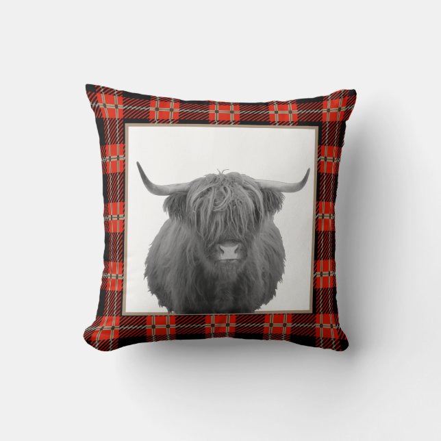 Red Plaid Highland Cow Cabin Mountain Lodge  Throw Pillow (Front)