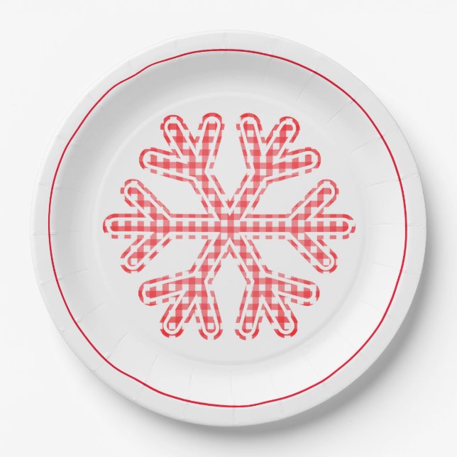 Red Plaid Holiday Snowflake Christmas Paper Plates (Front)