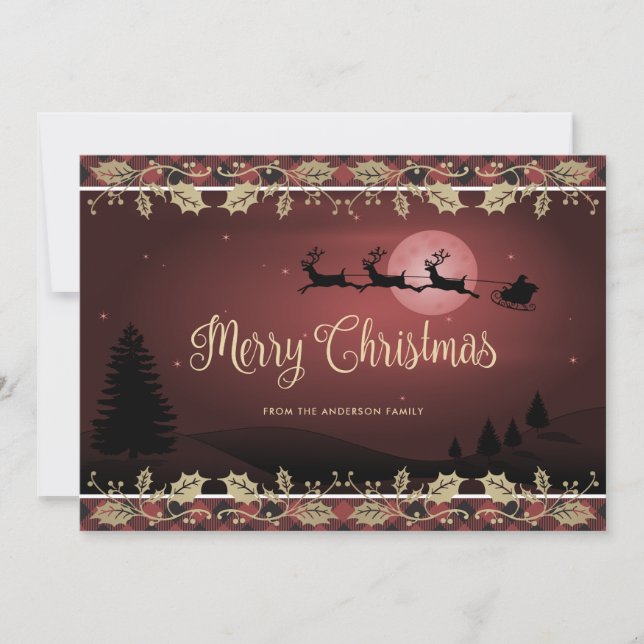 Red Plaid Holly Santa Elegant Merry Christmas Holiday Card (Front)