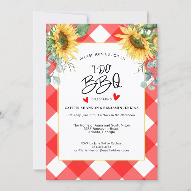 Red Plaid I Do BBQ Sunflower Bridal Shower Invitation (Front)