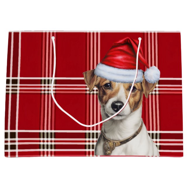 Red Plaid Jack Russell Terrier Dog Lover Holiday Large Gift Bag (Front)