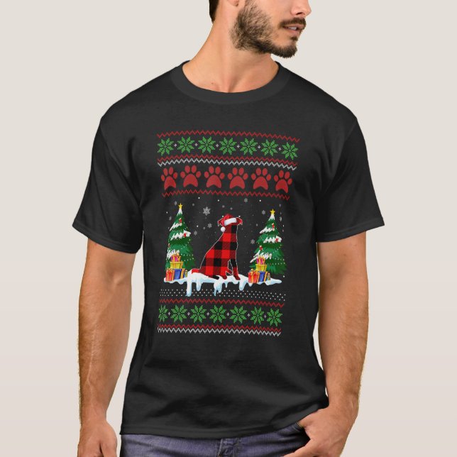 Red Plaid Jack Russell Terrier Dog Ugly Christmas  T-Shirt (Front)