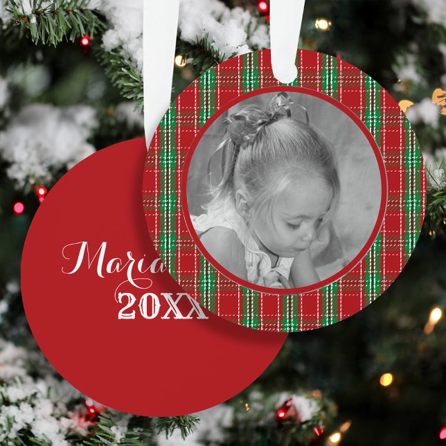 Red Plaid Kids Photo Personalized Christmas Metal Ornament (Red plaid Christmas ornament with child photo, custom name, and year keepsake.)